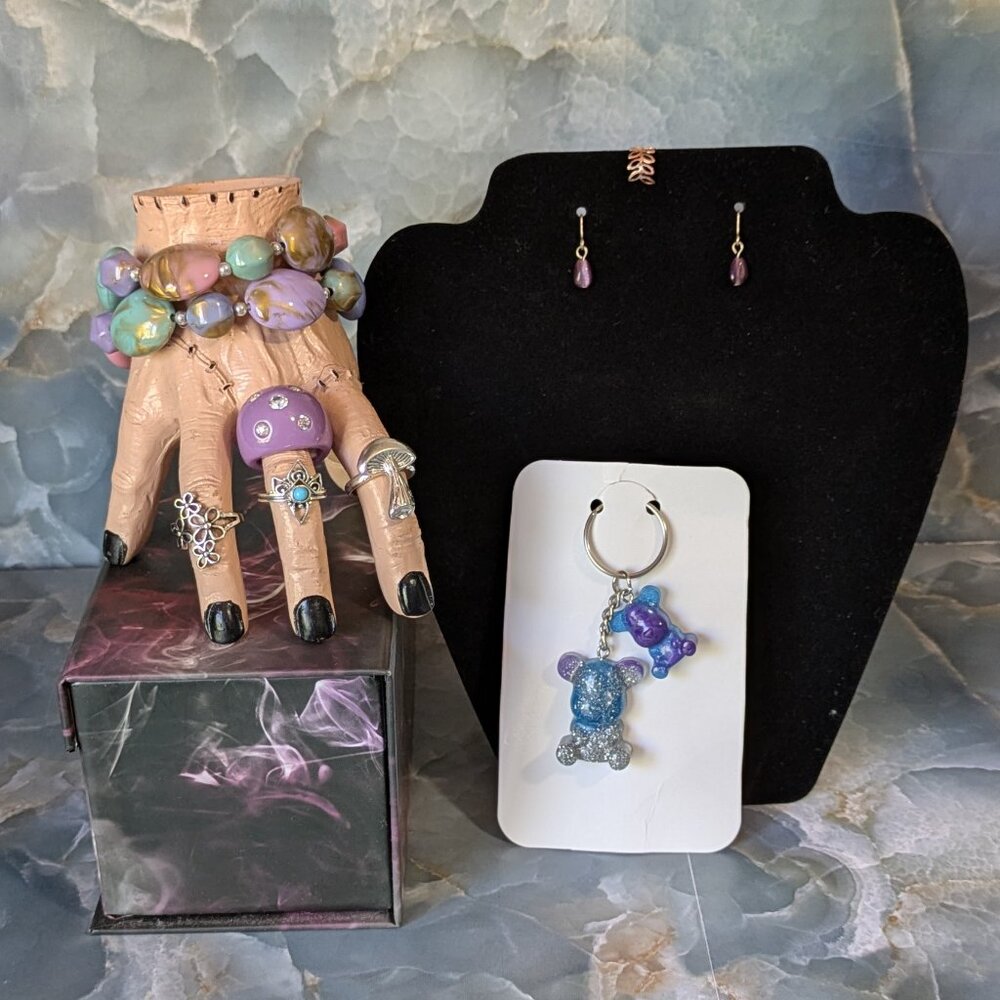 Fashion Jewelry Set: 2 Bracelets, 4 rings, an Ear Cuff, and Gummy Bears Keychain